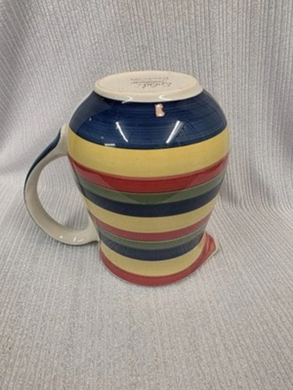 Swirl Hand Painted Collection 32 oz Striped Ceramic Pitcher w/ Blue Handle